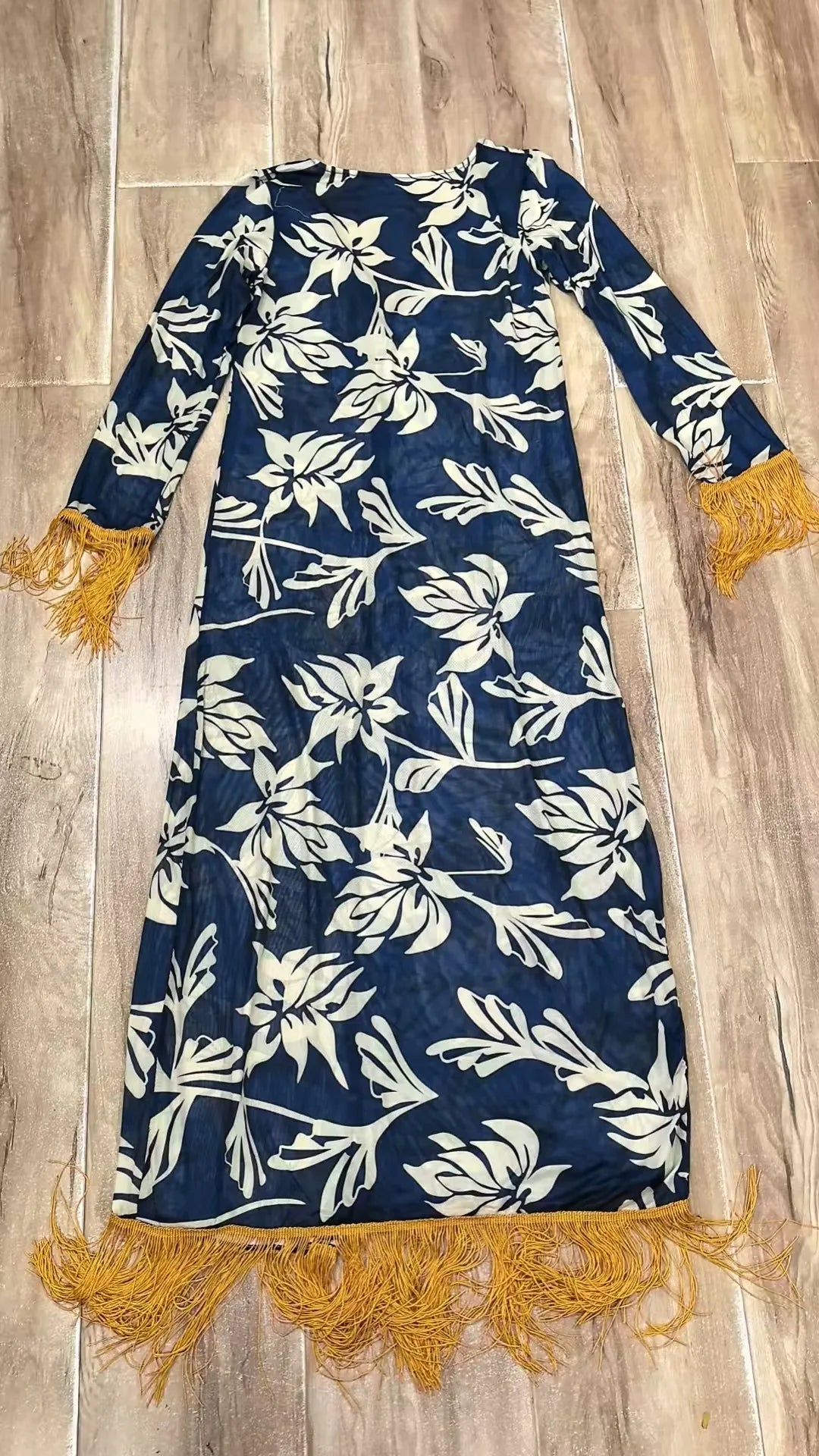 Vintage Long Sleeve Tassel Cover Up 3 Piece Bikini Set