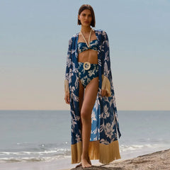 Vintage Long Sleeve Tassel Cover Up 3 Piece Bikini Set