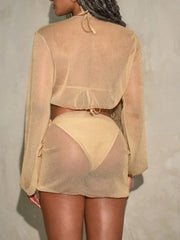 Vintage Mesh Sheer Swimwear Long Sleeve Cover Up Skirt 4 Piece Swimsuit Holiday Push Up Bathing Suit Swimsuit