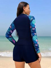 Vintage Navy Leave Print Tankini Set
