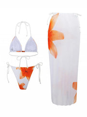 Vintage Orange Flower Print Bikini Set
