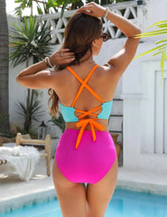 Vintage Orange Patchwork One Piece Swimsuit Cross Push Up Padded High Waist Swimsuit Beach Bathing Suit Swimwear