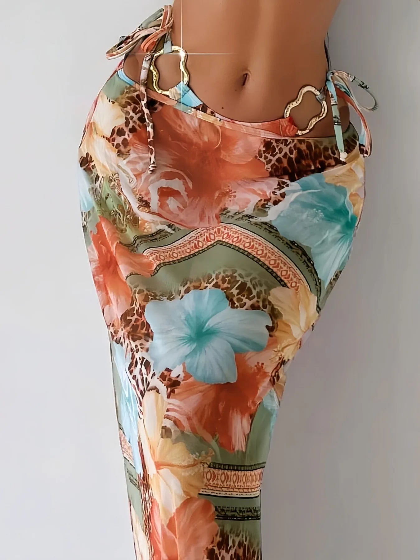 Vintage Pink Floral Print Bikini Metal Ornament Push Up Thong Swimsuit Beach Bathing Suit Skirt 3 Piece Swimwear