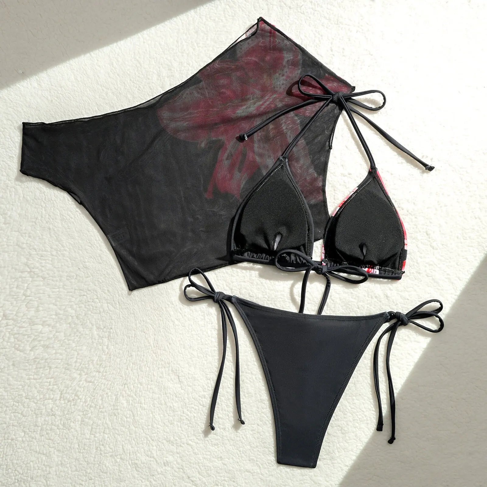 Vintage Pink Floral Print Cover Up 3 Piece Swimsuit Push Up Tie Side Thong Bikini Set