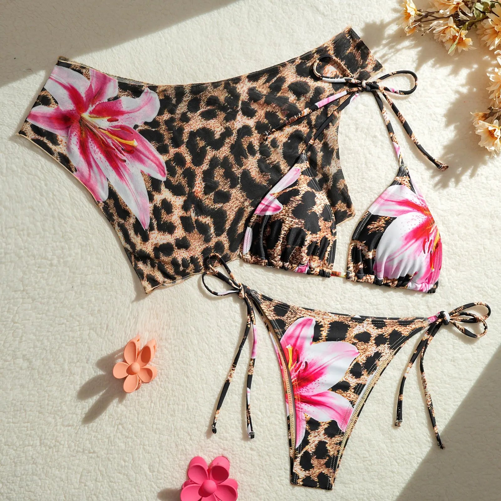 Vintage Pink Floral Print Cover Up 3 Piece Swimsuit Push Up Tie Side Thong Bikini Set