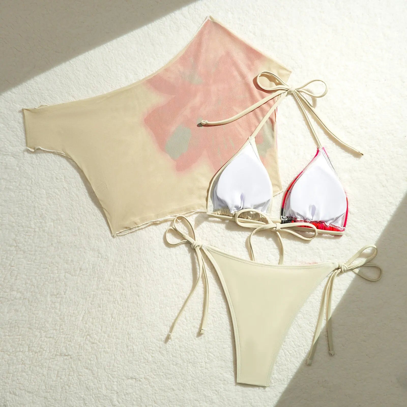 Vintage Pink Floral Print Cover Up 3 Piece Swimsuit Push Up Tie Side Thong Bikini Set