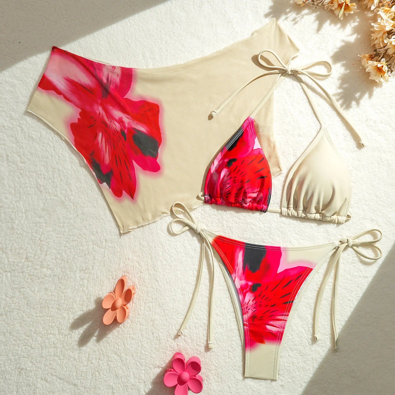 Vintage Pink Floral Print Cover Up 3 Piece Swimsuit Push Up Tie Side Thong Bikini Set