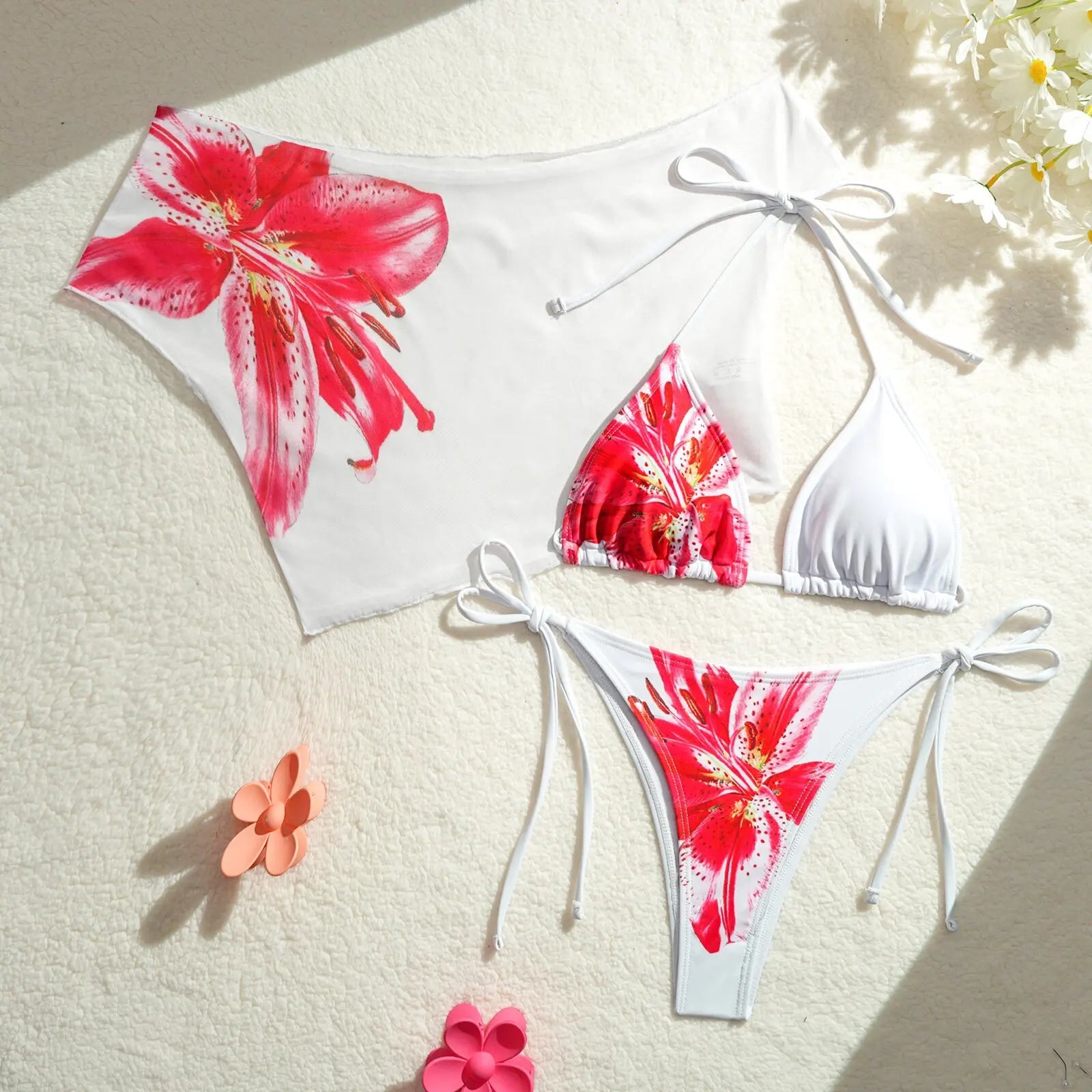 Vintage Pink Floral Print Cover Up 3 Piece Swimsuit Push Up Tie Side Thong Bikini Set