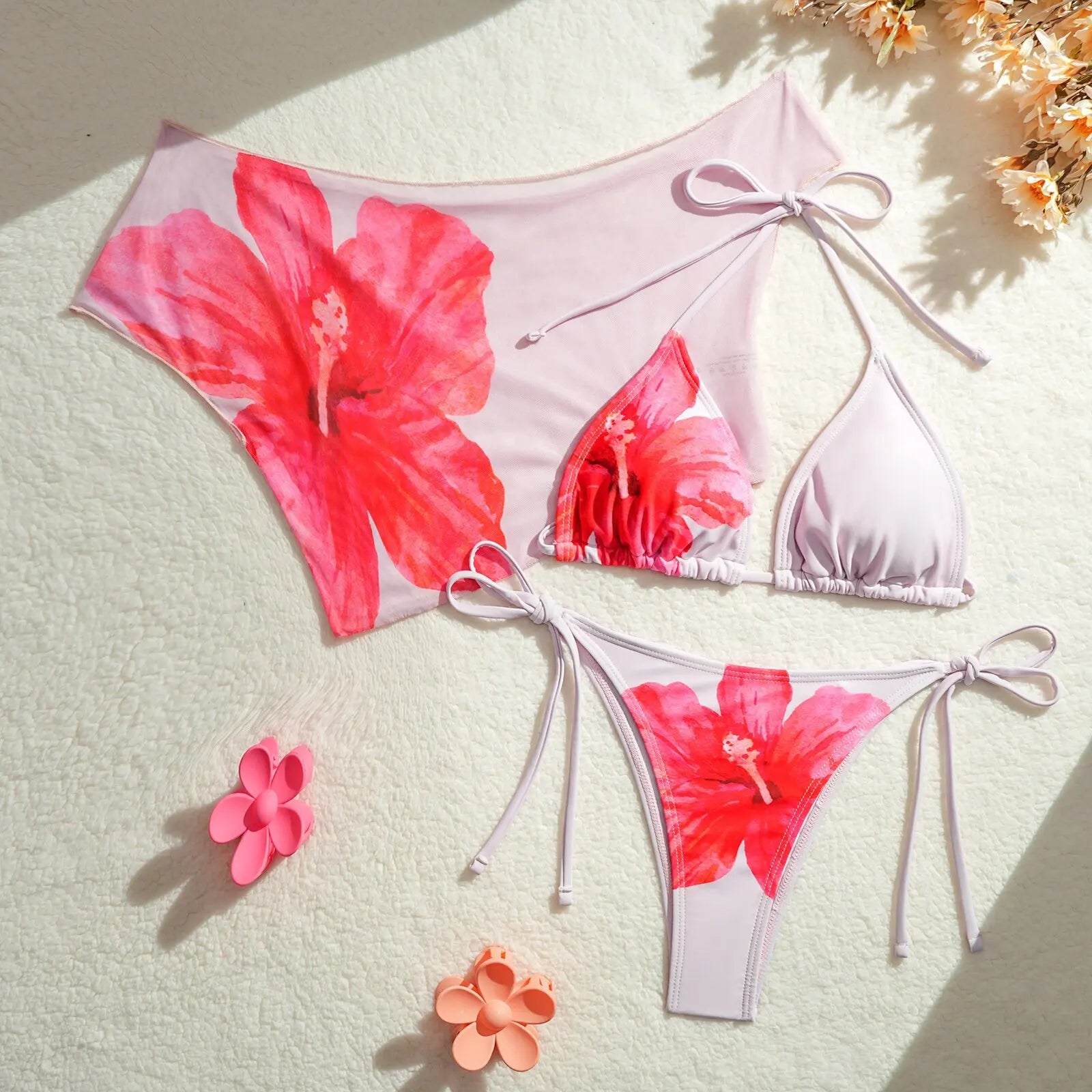 Vintage Pink Floral Print Cover Up 3 Piece Swimsuit Push Up Tie Side Thong Bikini Set