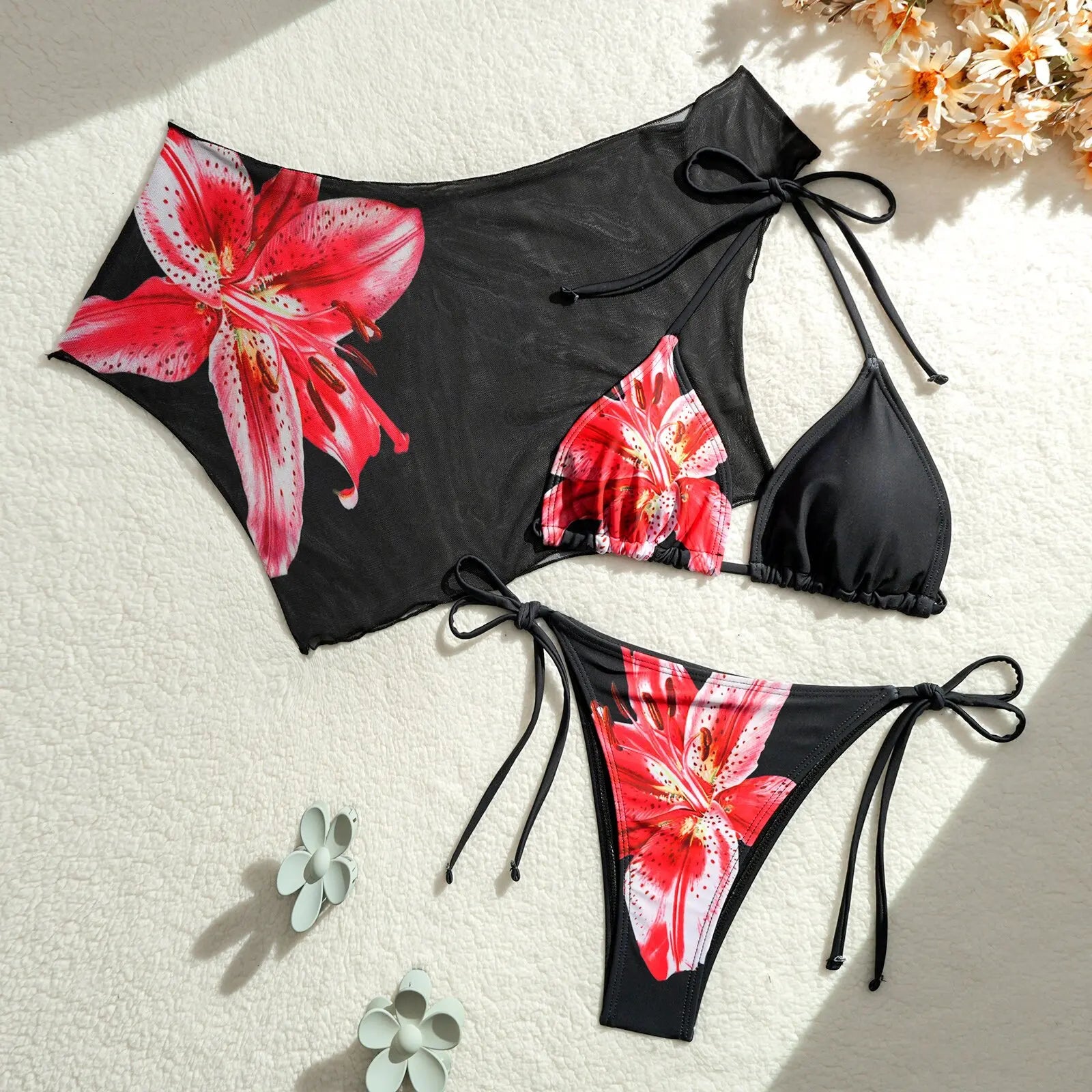 Vintage Pink Floral Print Cover Up 3 Piece Swimsuit Push Up Tie Side Thong Bikini Set