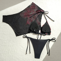 Vintage Pink Floral Print Cover Up 3 Piece Swimsuit Push Up Tie Side Thong Bikini Set