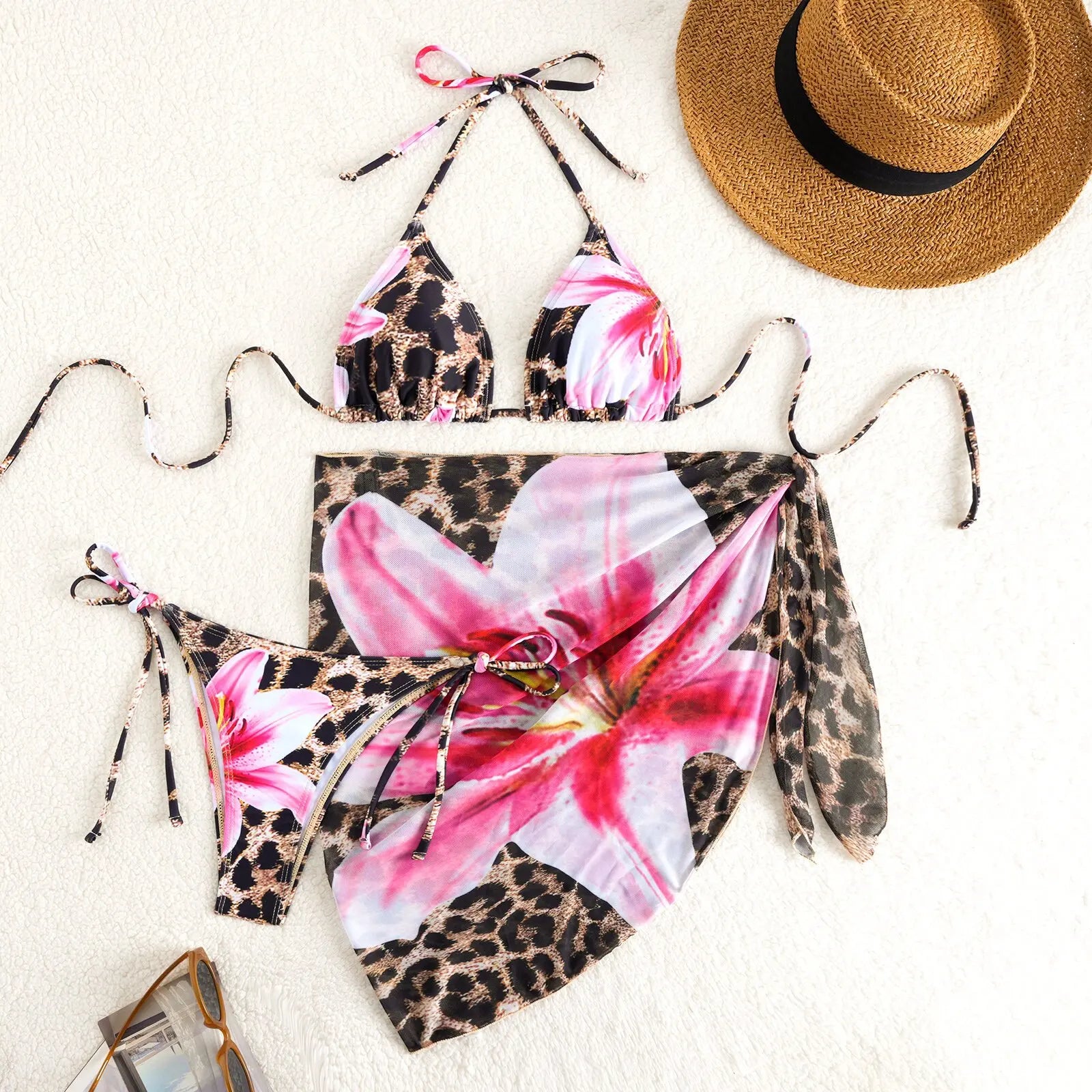 Vintage Pink Leopard Floral Print Bikini Set