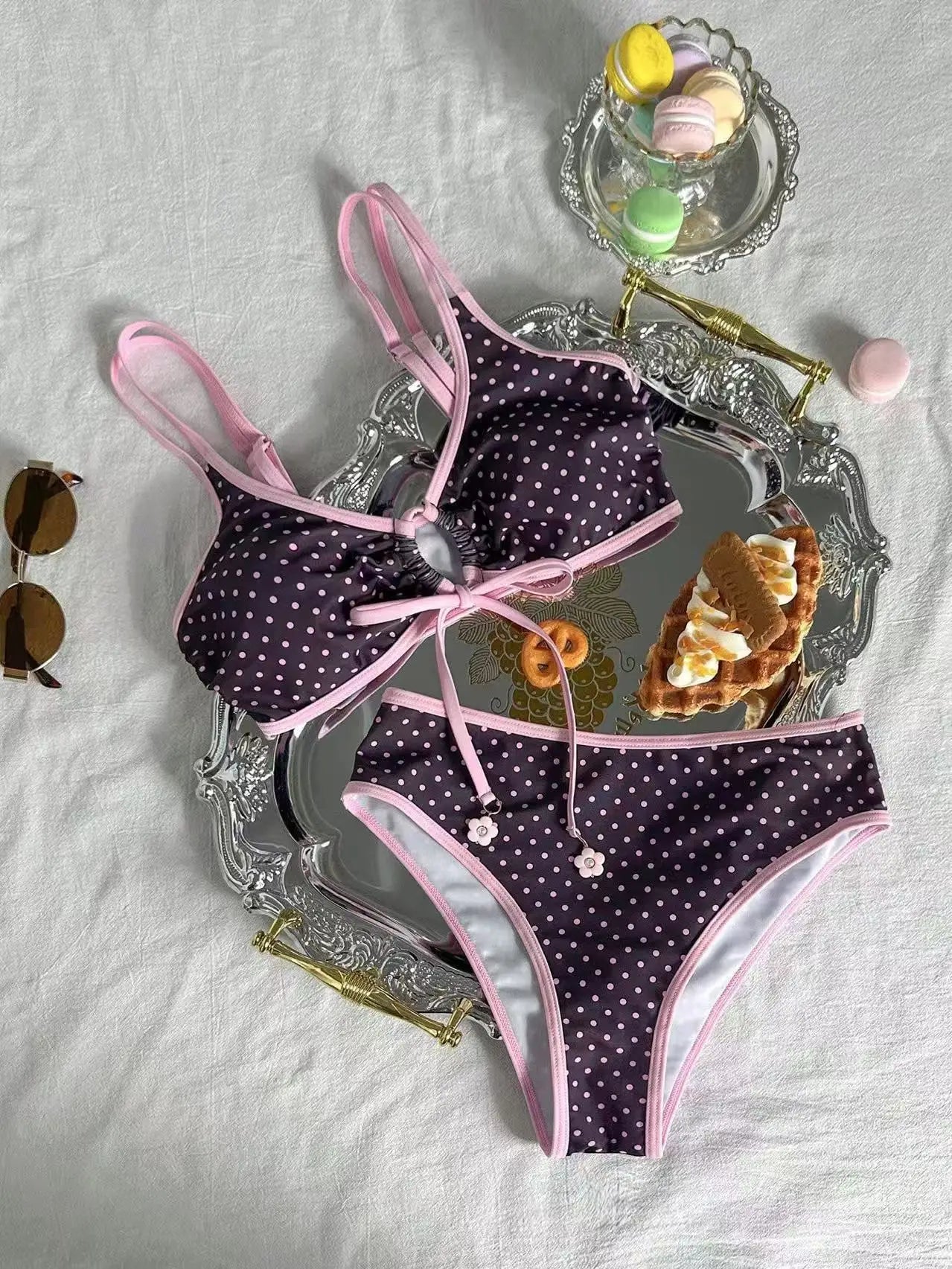 Vintage Pink Polka Dot Print Bikini Set