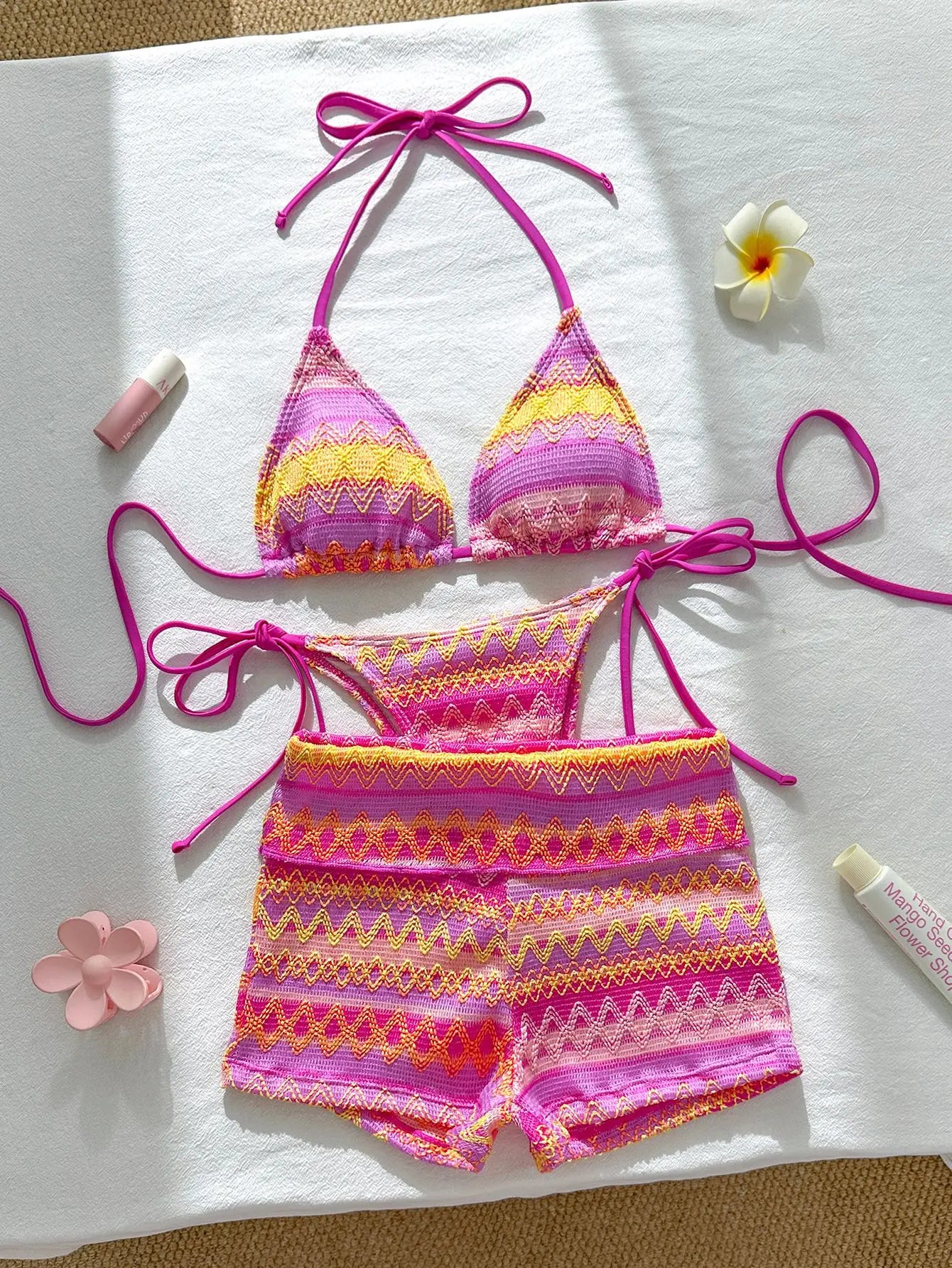 Vintage Pink Striped Knitted Bikini Set