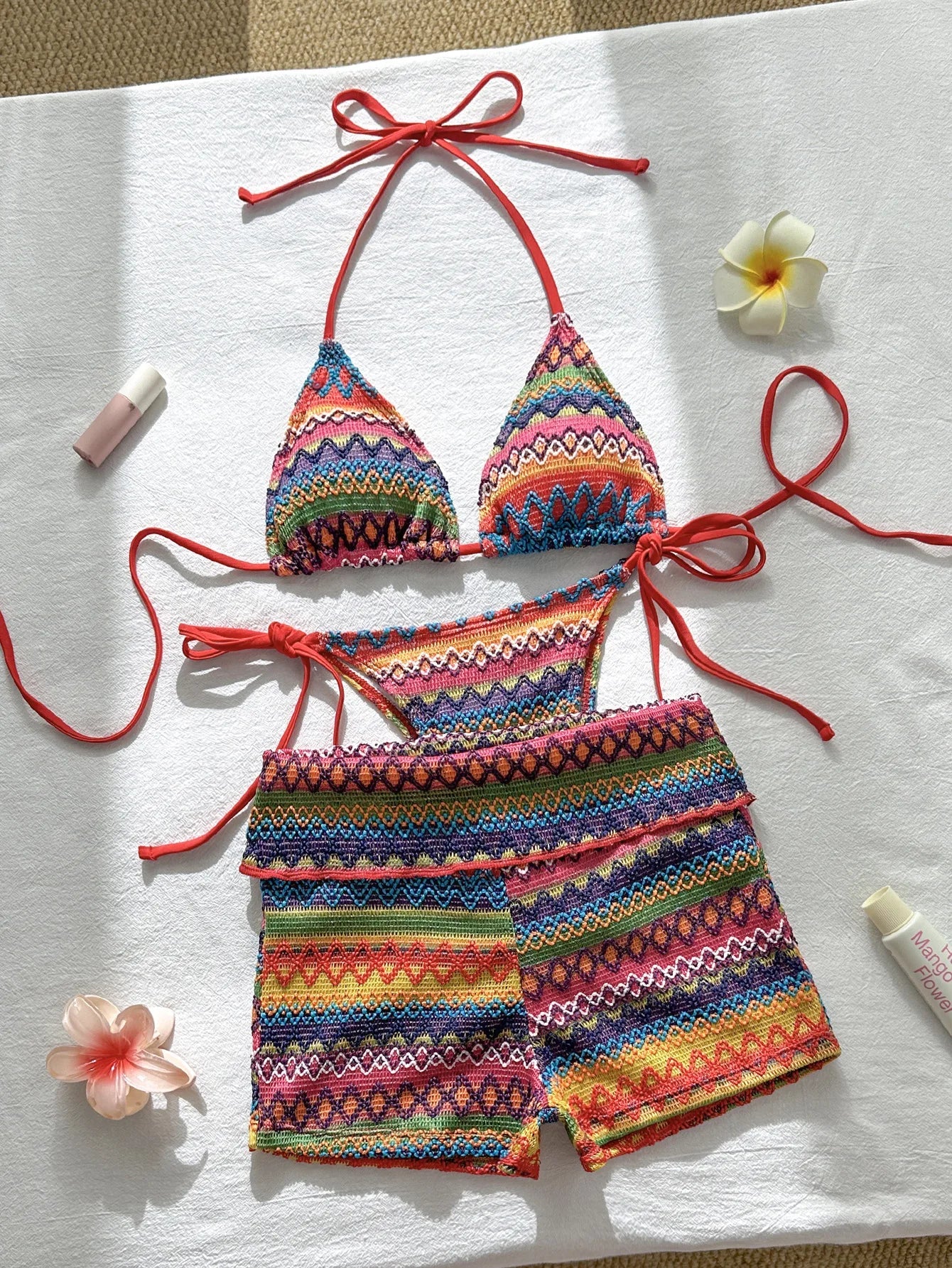 Vintage Pink Striped Knitted Bikini Set