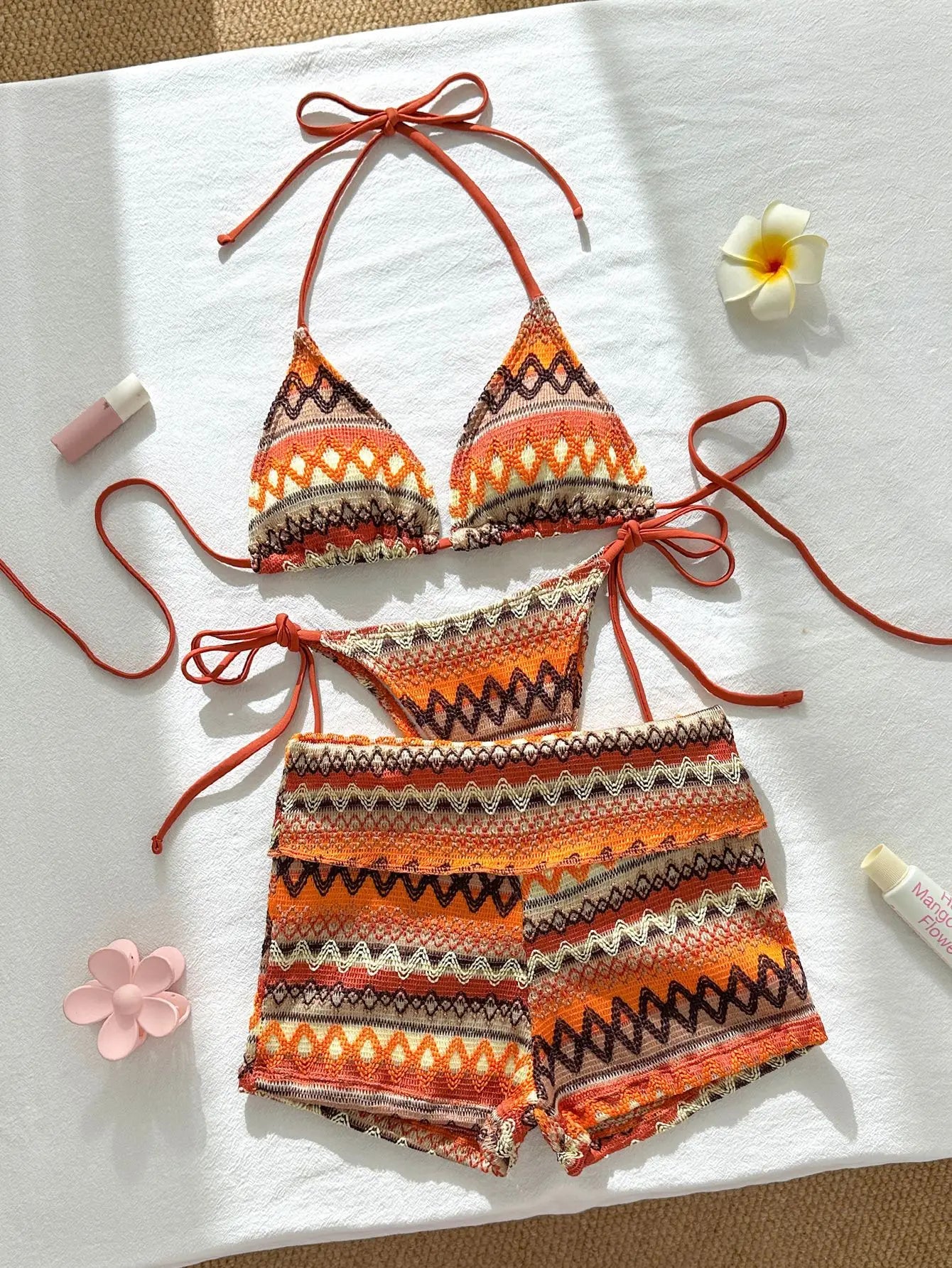 Vintage Pink Striped Knitted Bikini Set