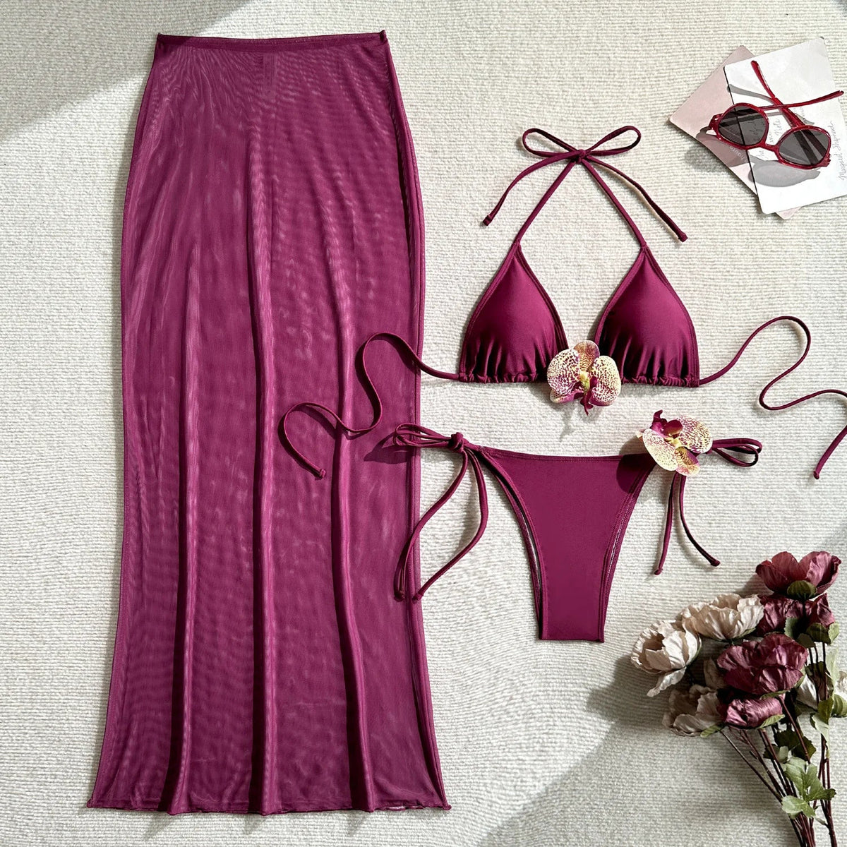 Vintage Purple 3D Flower Bikini Set