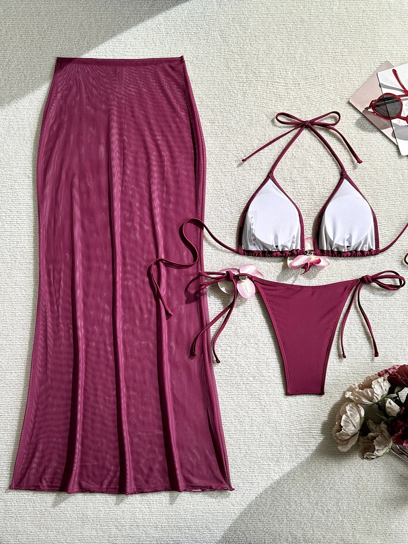 Vintage Purple 3D Flower Bikini Set
