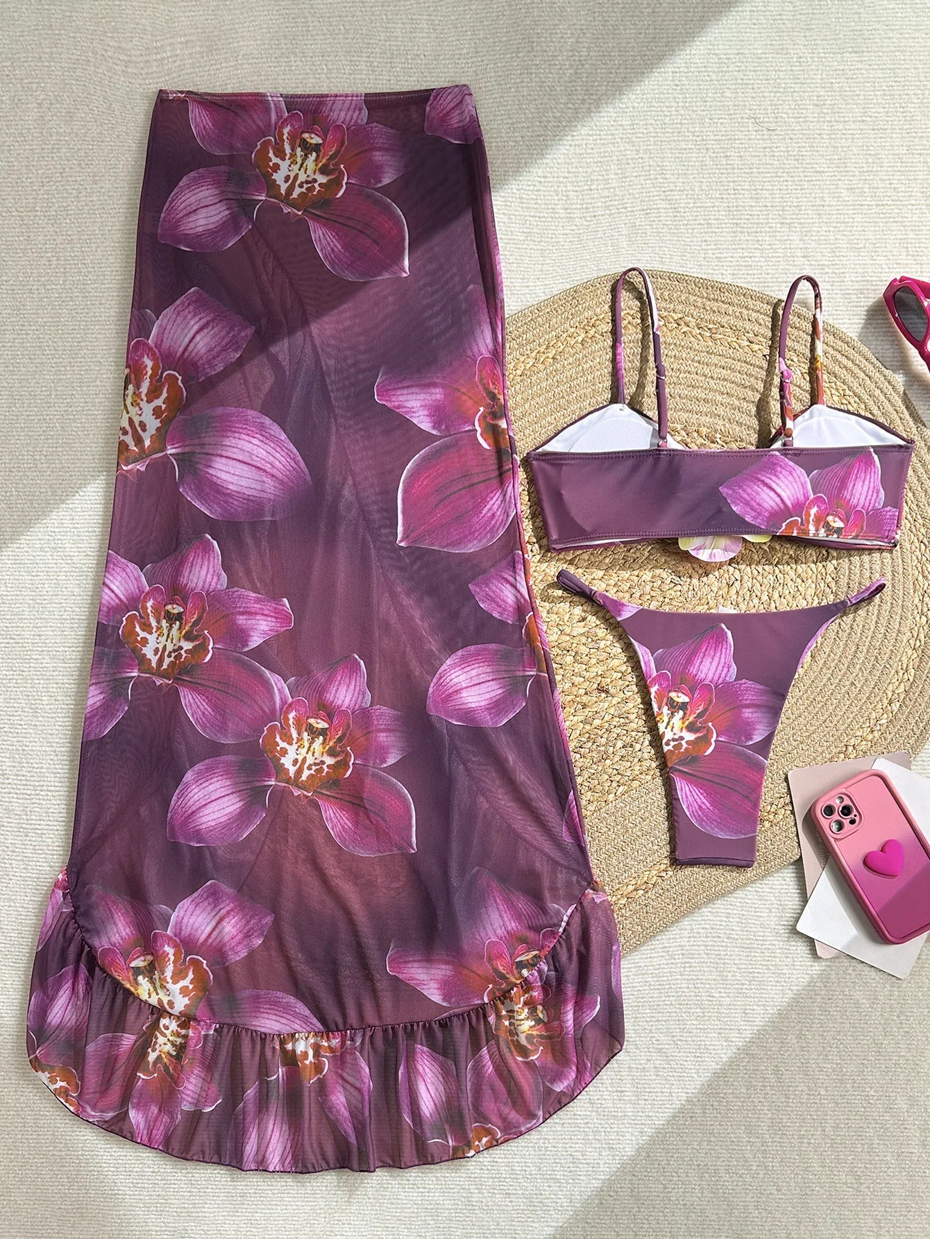Vintage Purple Floral Print Bikini Set