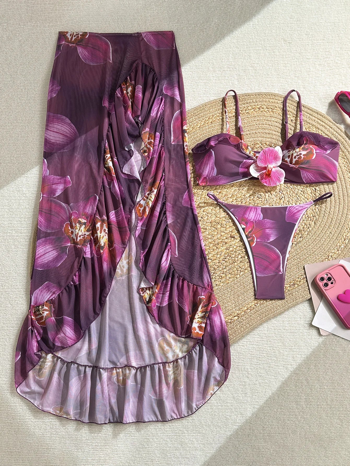 Vintage Purple Floral Print Bikini Set