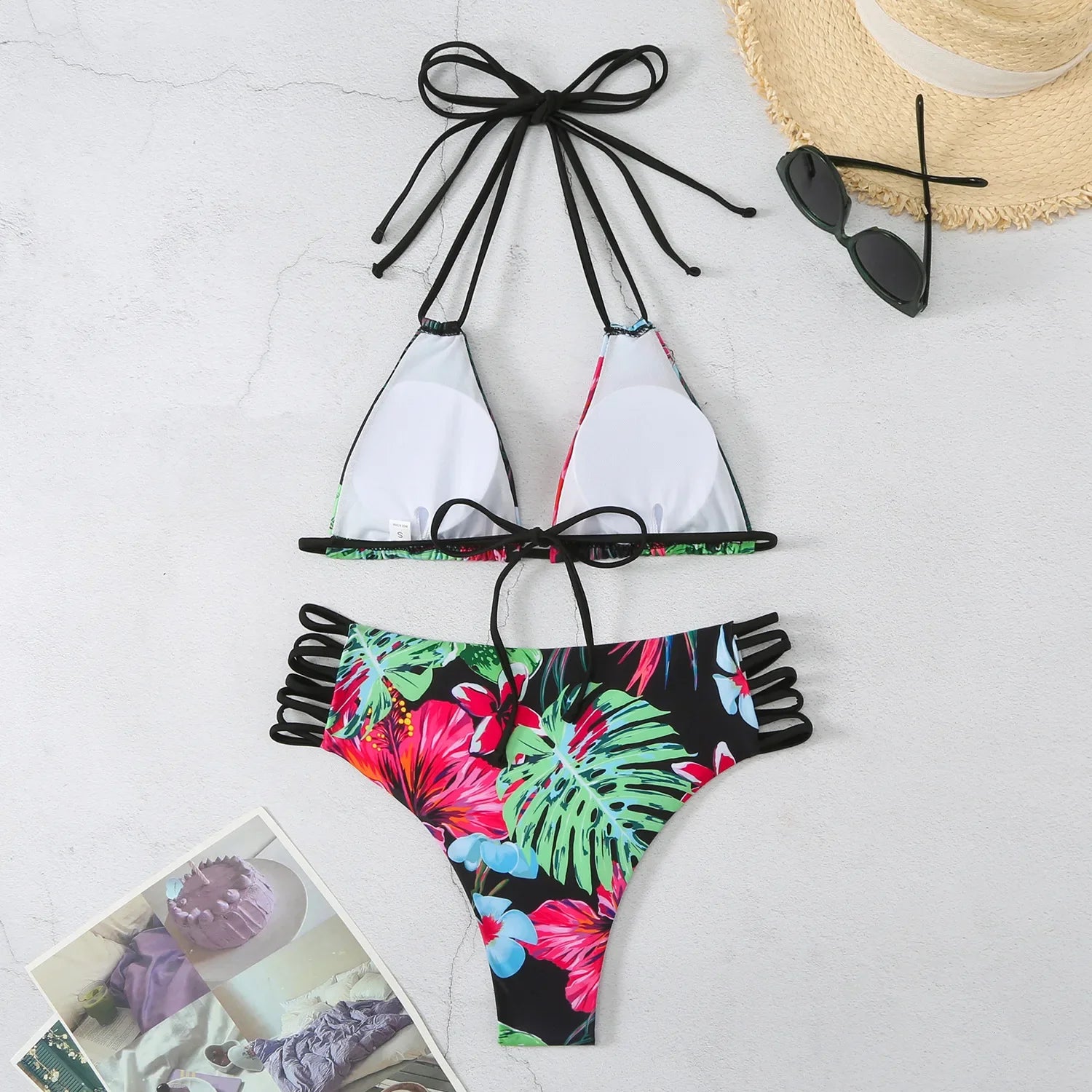 Vintage Purple Floral Print Bikini Halter Bandage Push Up Hollow Out High Waist Swimsuit Beach Bathing Suit Swimwear