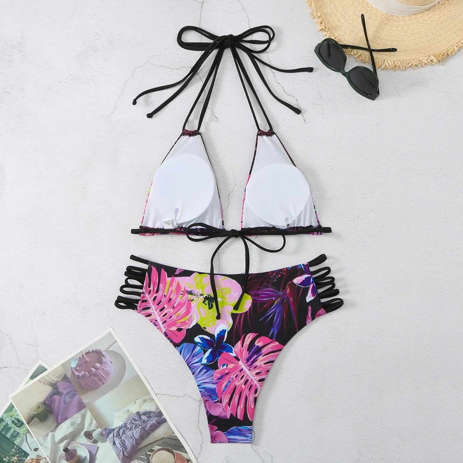 Vintage Purple Floral Print Bikini Halter Bandage Push Up Hollow Out High Waist Swimsuit Beach Bathing Suit Swimwear