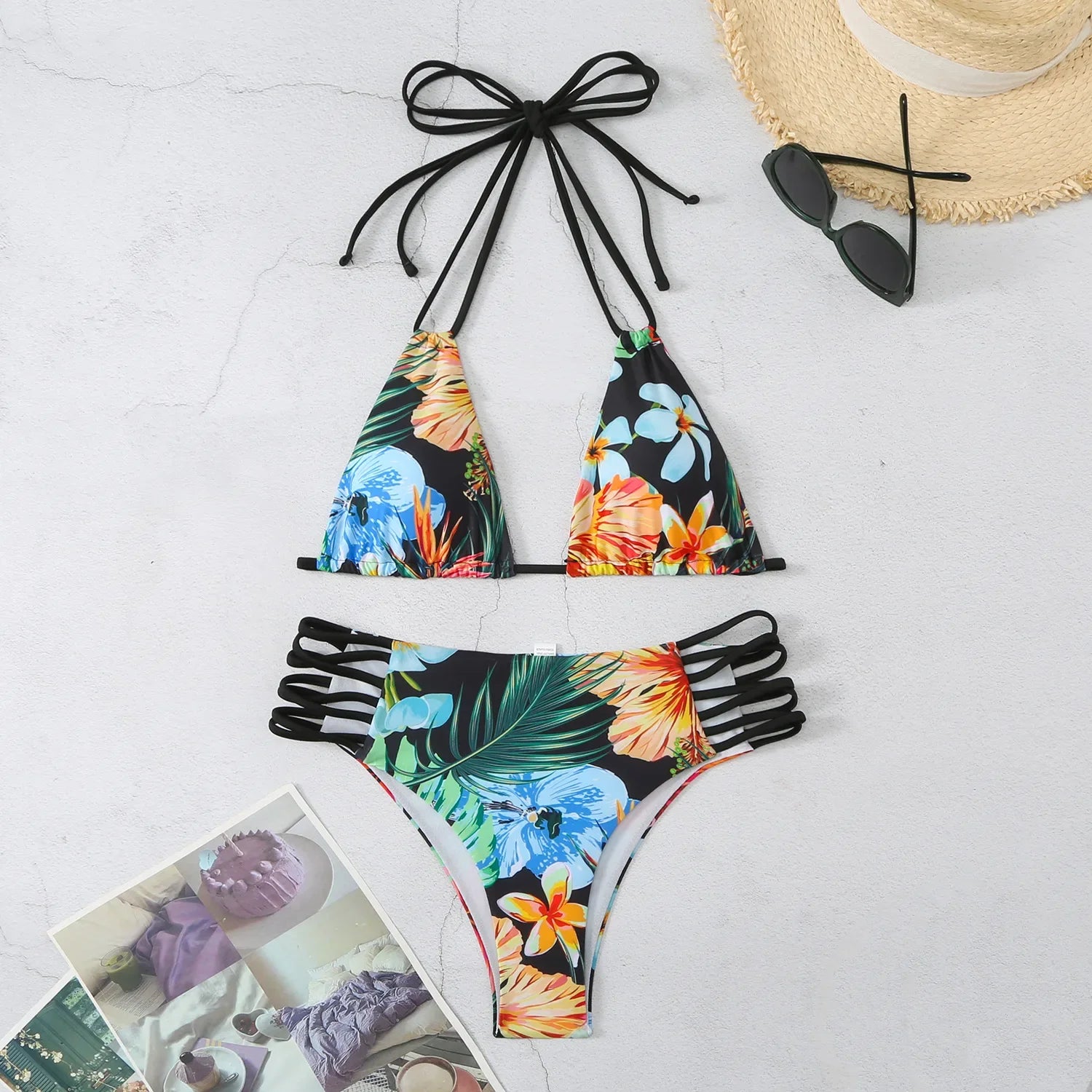 Vintage Purple Floral Print Bikini Halter Bandage Push Up Hollow Out High Waist Swimsuit Beach Bathing Suit Swimwear