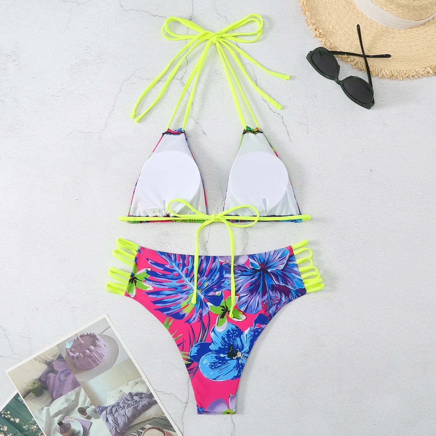 Vintage Purple Floral Print Bikini Halter Bandage Push Up Hollow Out High Waist Swimsuit Beach Bathing Suit Swimwear
