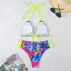 Vintage Purple Floral Print Bikini Halter Bandage Push Up Hollow Out High Waist Swimsuit Beach Bathing Suit Swimwear