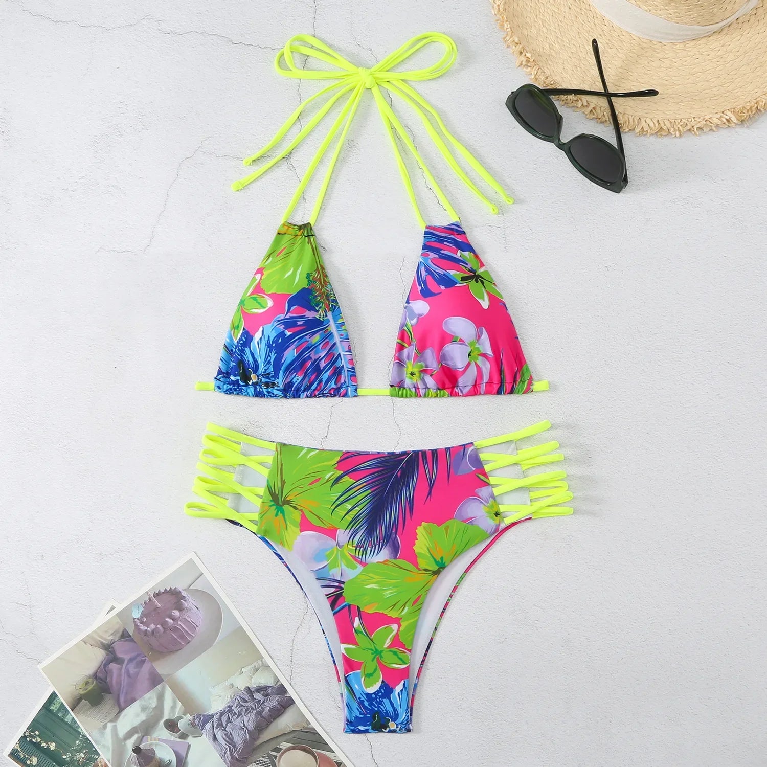 Vintage Purple Floral Print Bikini Halter Bandage Push Up Hollow Out High Waist Swimsuit Beach Bathing Suit Swimwear