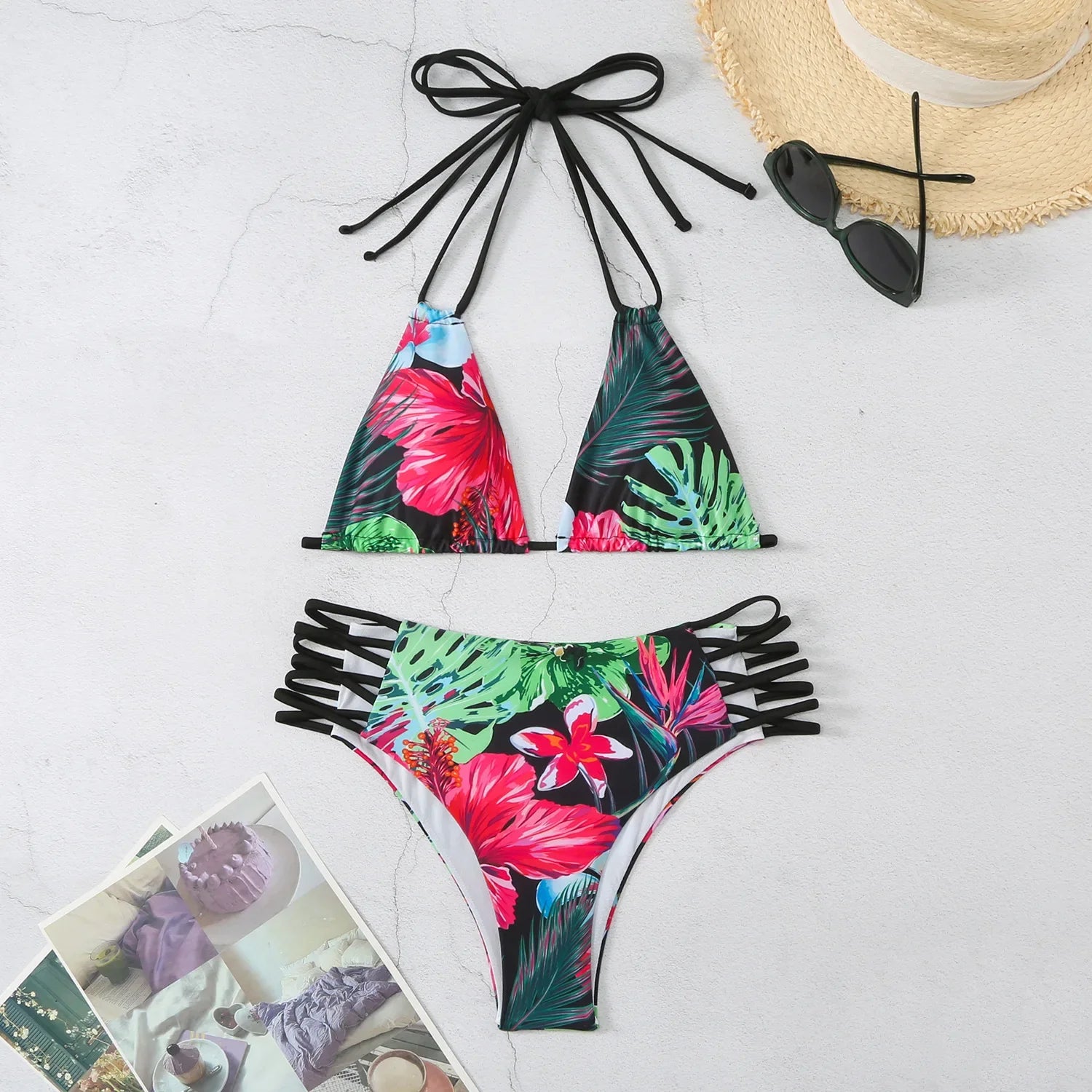 Vintage Purple Floral Print Bikini Halter Bandage Push Up Hollow Out High Waist Swimsuit Beach Bathing Suit Swimwear