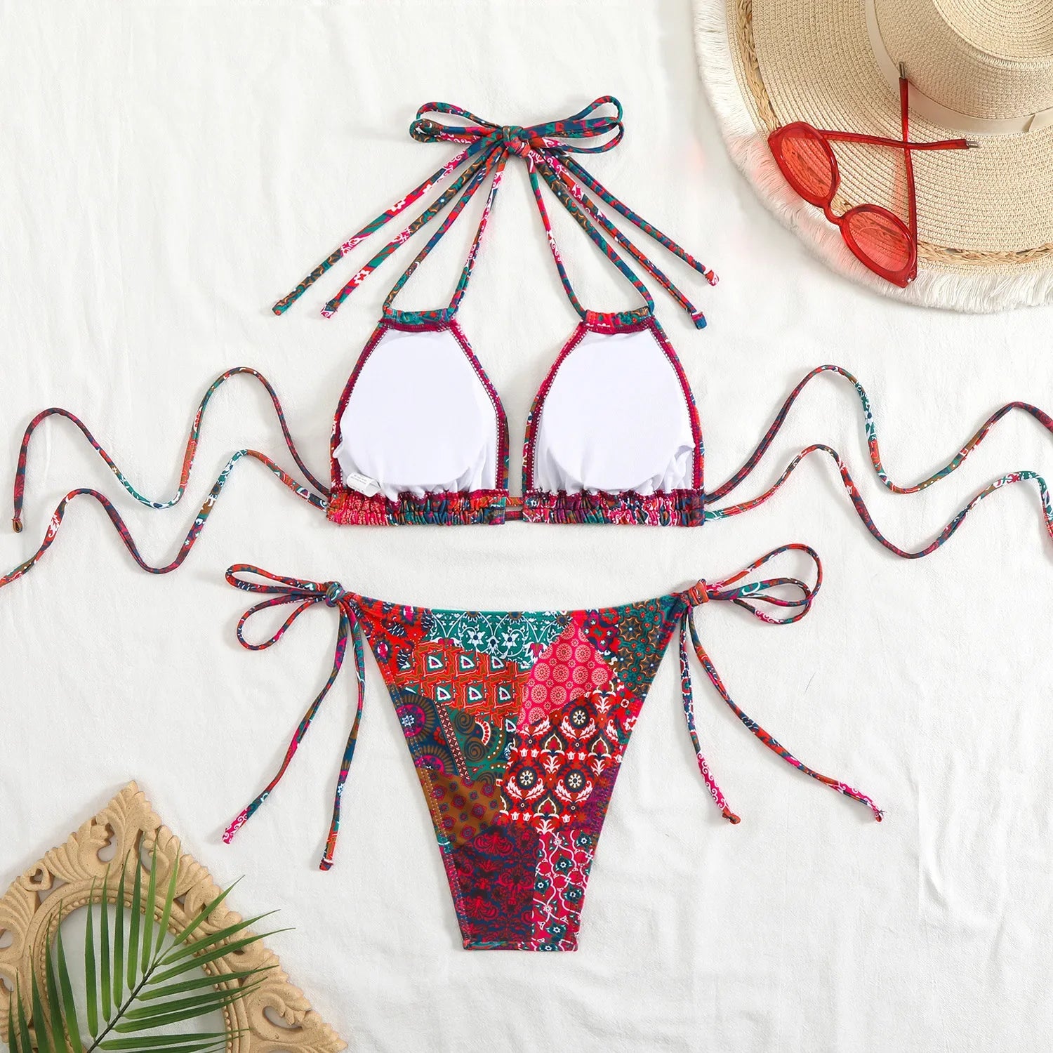 Vintage Red Floral Print Micro Bikini Double Strap Push Up Tie Side Thong Swimsuit Beach Holiday Bathing Suit Swimwear