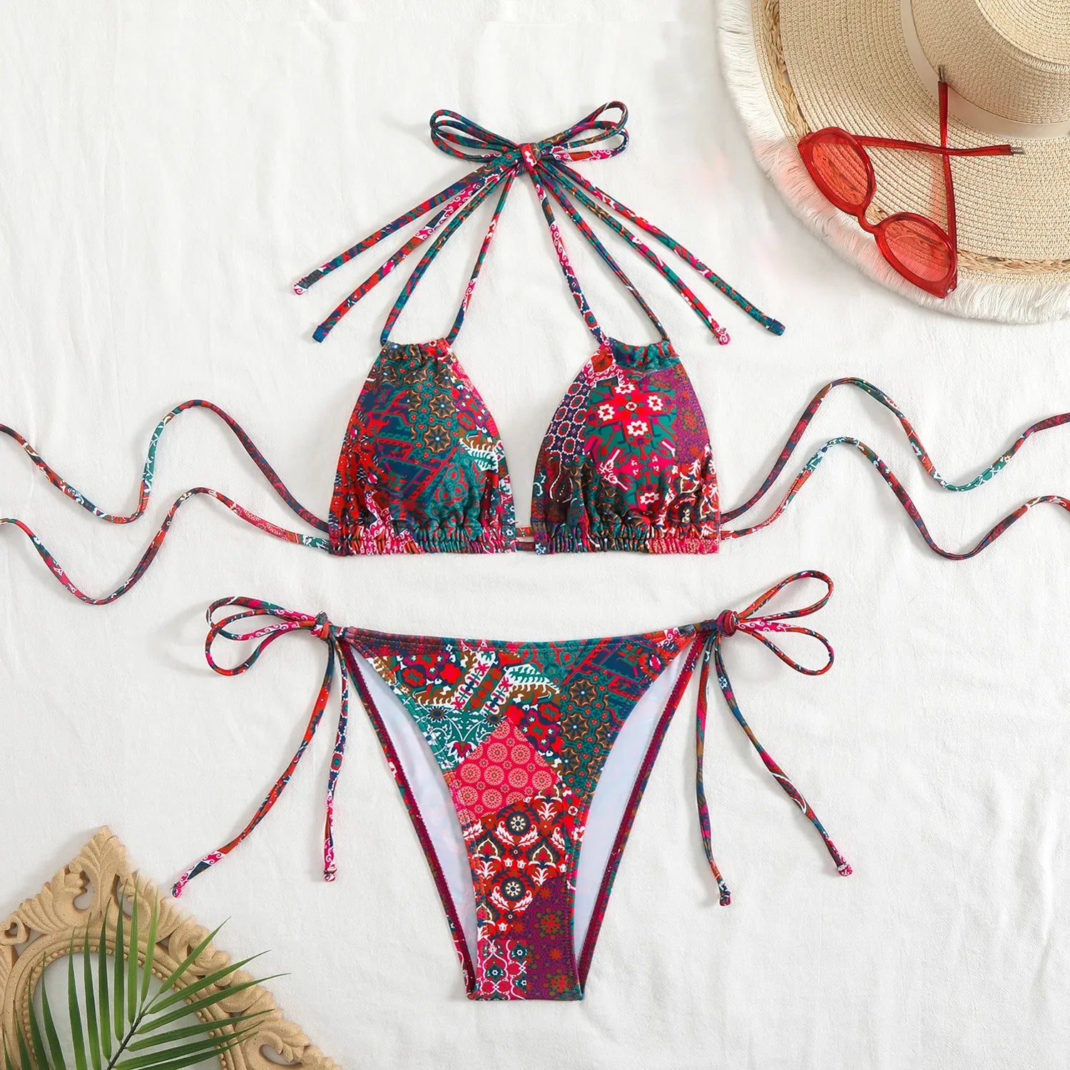Vintage Red Floral Print Micro Bikini Double Strap Push Up Tie Side Thong Swimsuit Beach Holiday Bathing Suit Swimwear