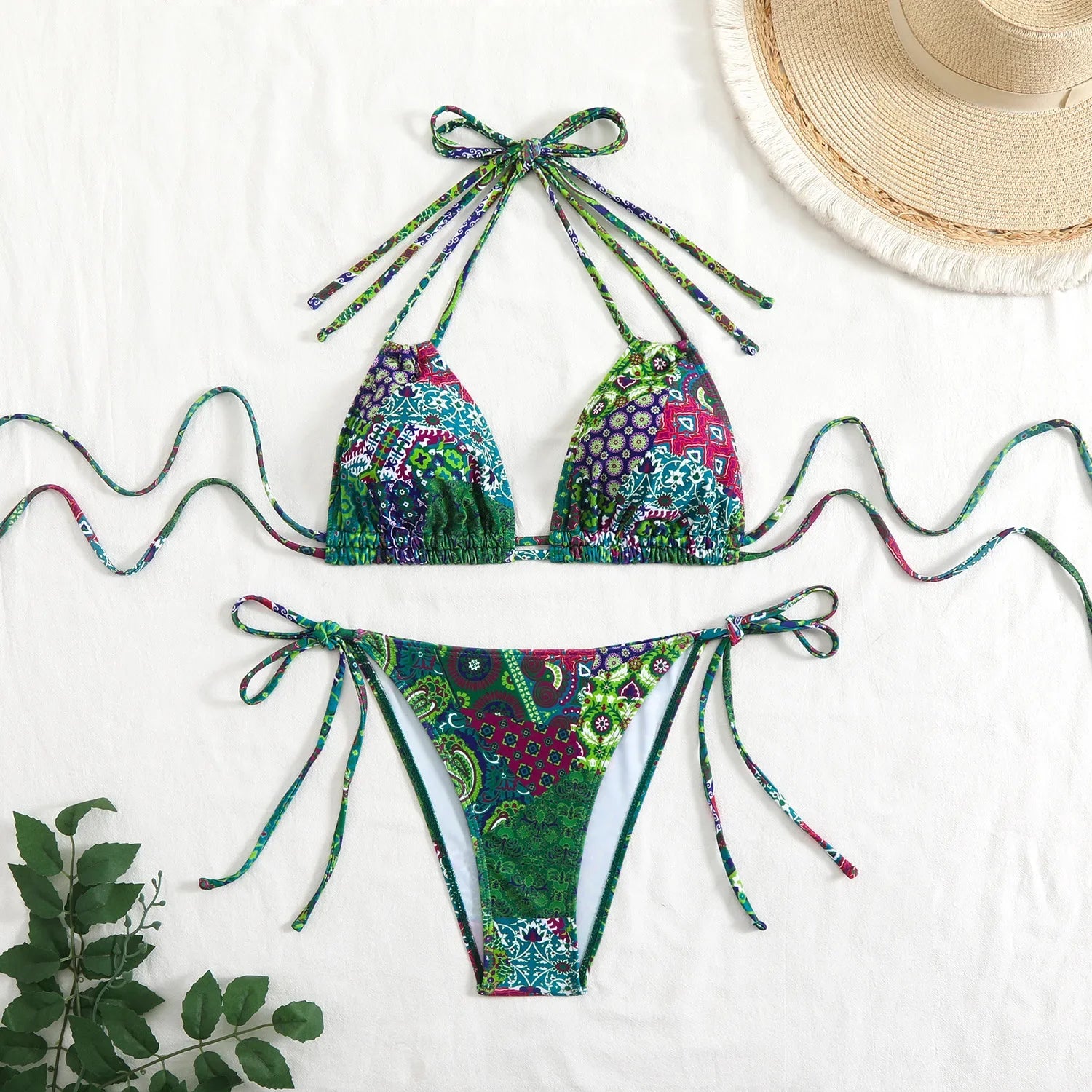 Vintage Red Floral Print Micro Bikini Double Strap Push Up Tie Side Thong Swimsuit Beach Holiday Bathing Suit Swimwear