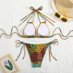 Vintage Red Floral Print Micro Bikini Double Strap Push Up Tie Side Thong Swimsuit Beach Holiday Bathing Suit Swimwear