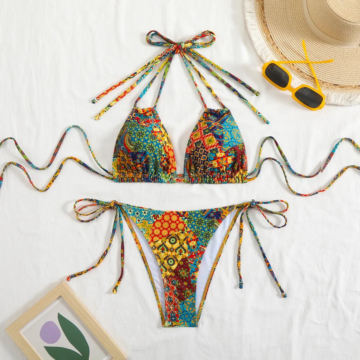 Vintage Red Floral Print Micro Bikini Double Strap Push Up Tie Side Thong Swimsuit Beach Holiday Bathing Suit Swimwear