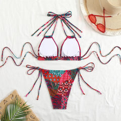 Vintage Red Floral Print Micro Bikini Double Strap Push Up Tie Side Thong Swimsuit Beach Holiday Bathing Suit Swimwear