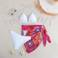 Vintage Red Floral Print Skirt 3 Piece Bikini Set