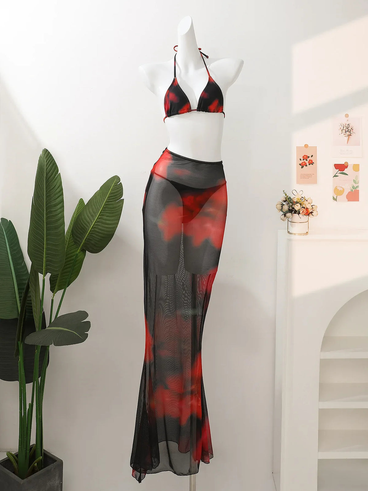 Vintage Red Tie Dye Gradient Bikini Set