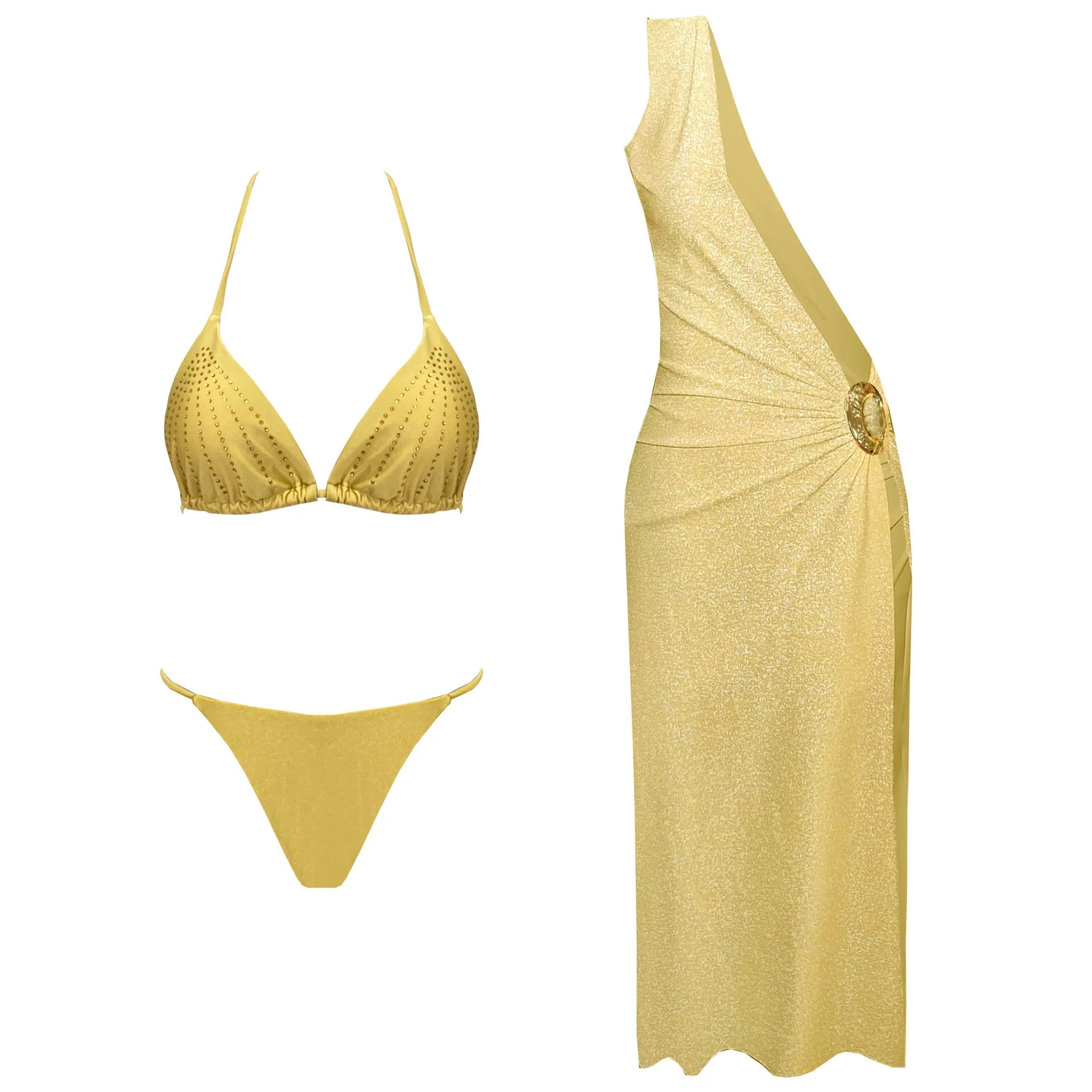 Vintage Shiny One Shoulder Dress 3 Piece Bikini Set
