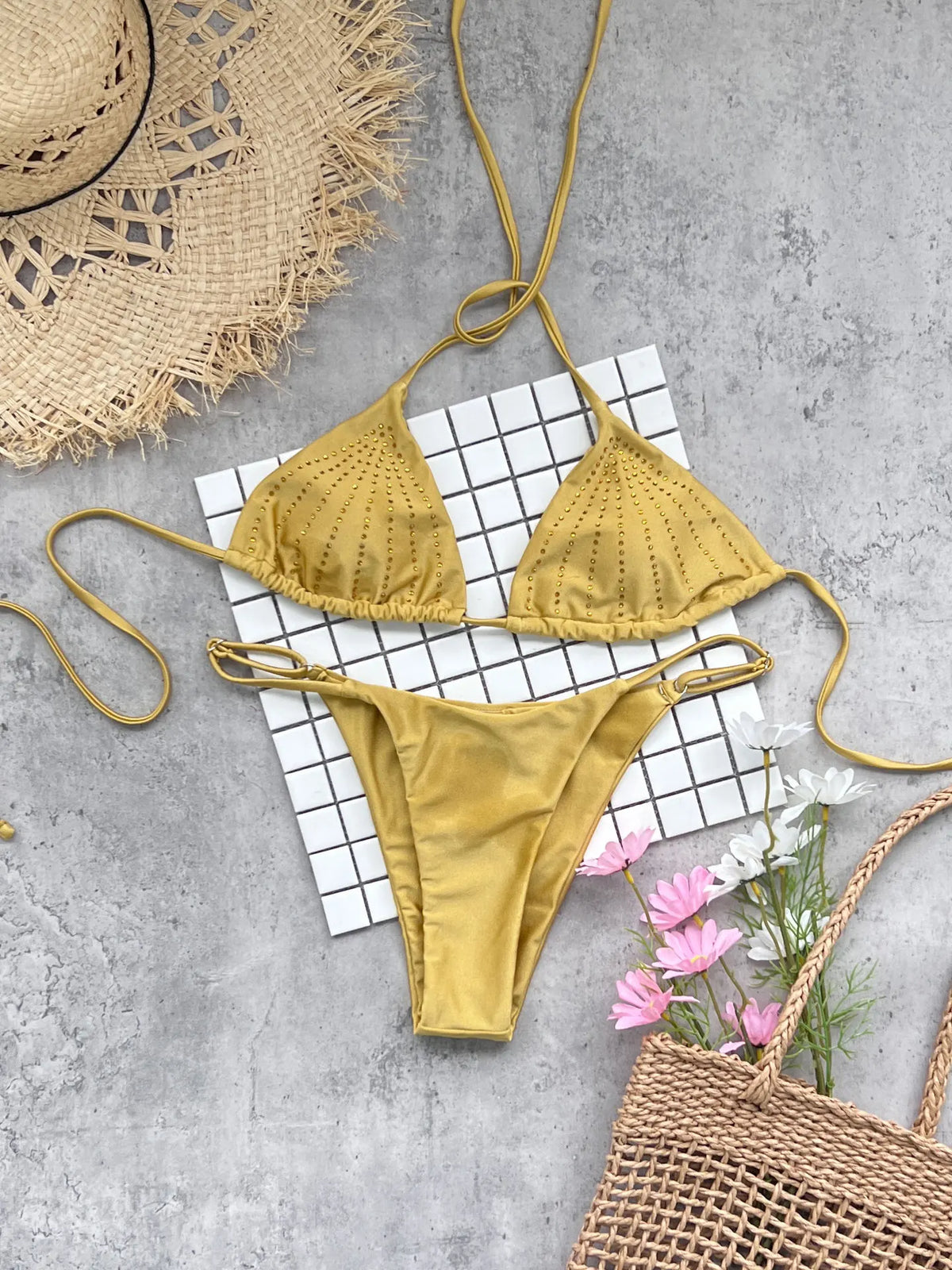 Vintage Shiny One Shoulder Dress 3 Piece Bikini Set