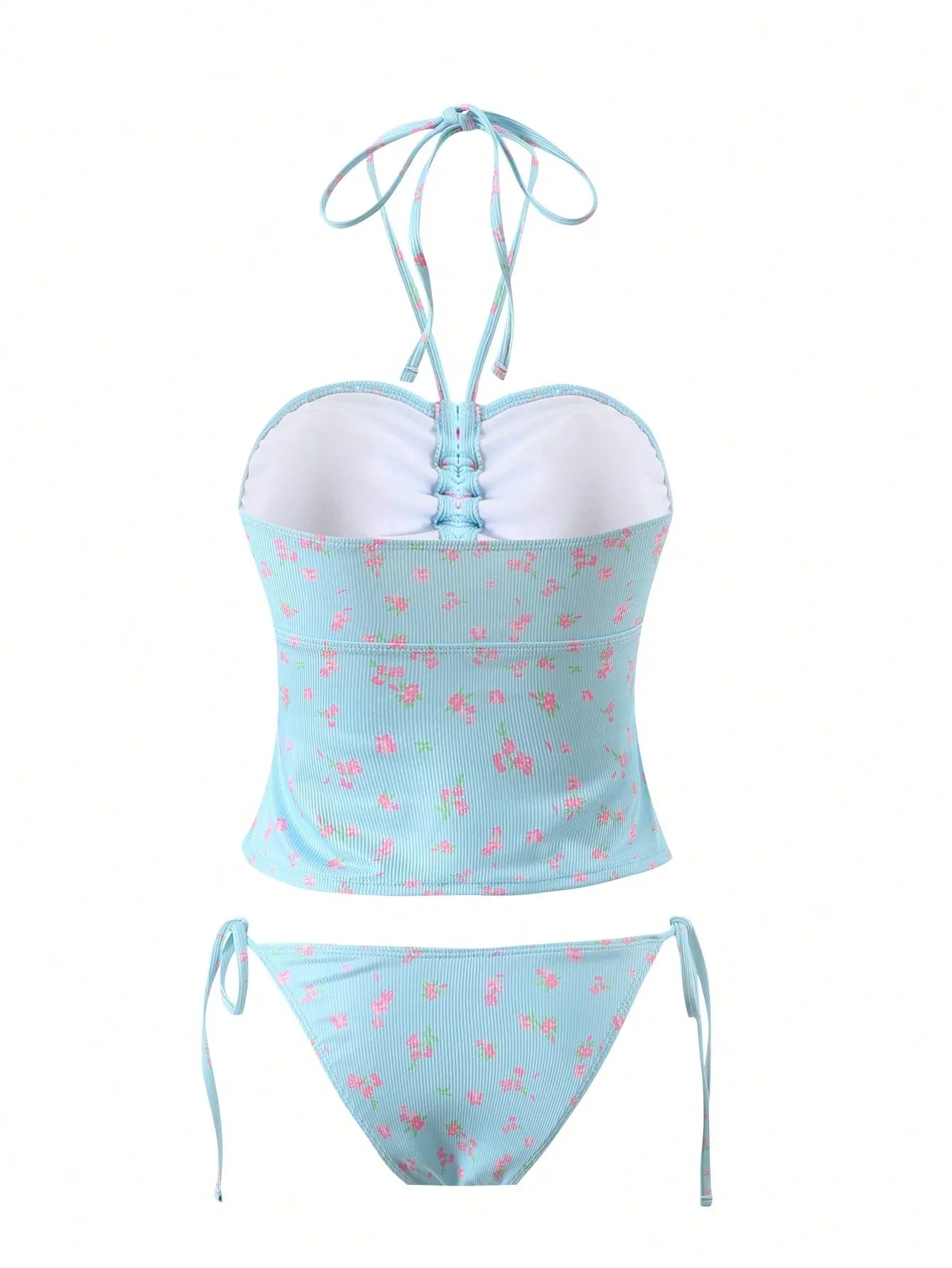 Vintage Sky Blue Floral Print Bikini Set