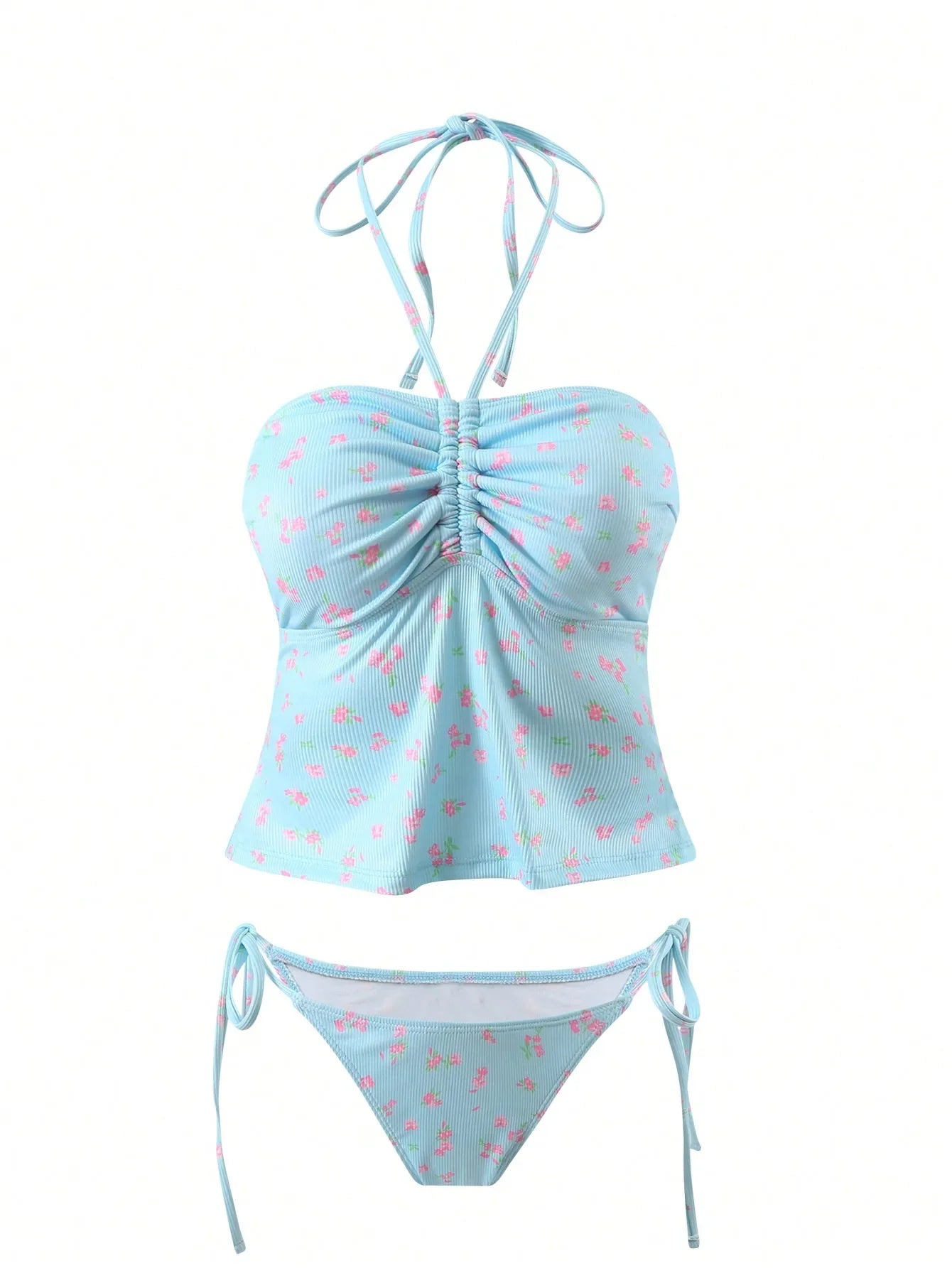 Vintage Sky Blue Floral Print Bikini Set
