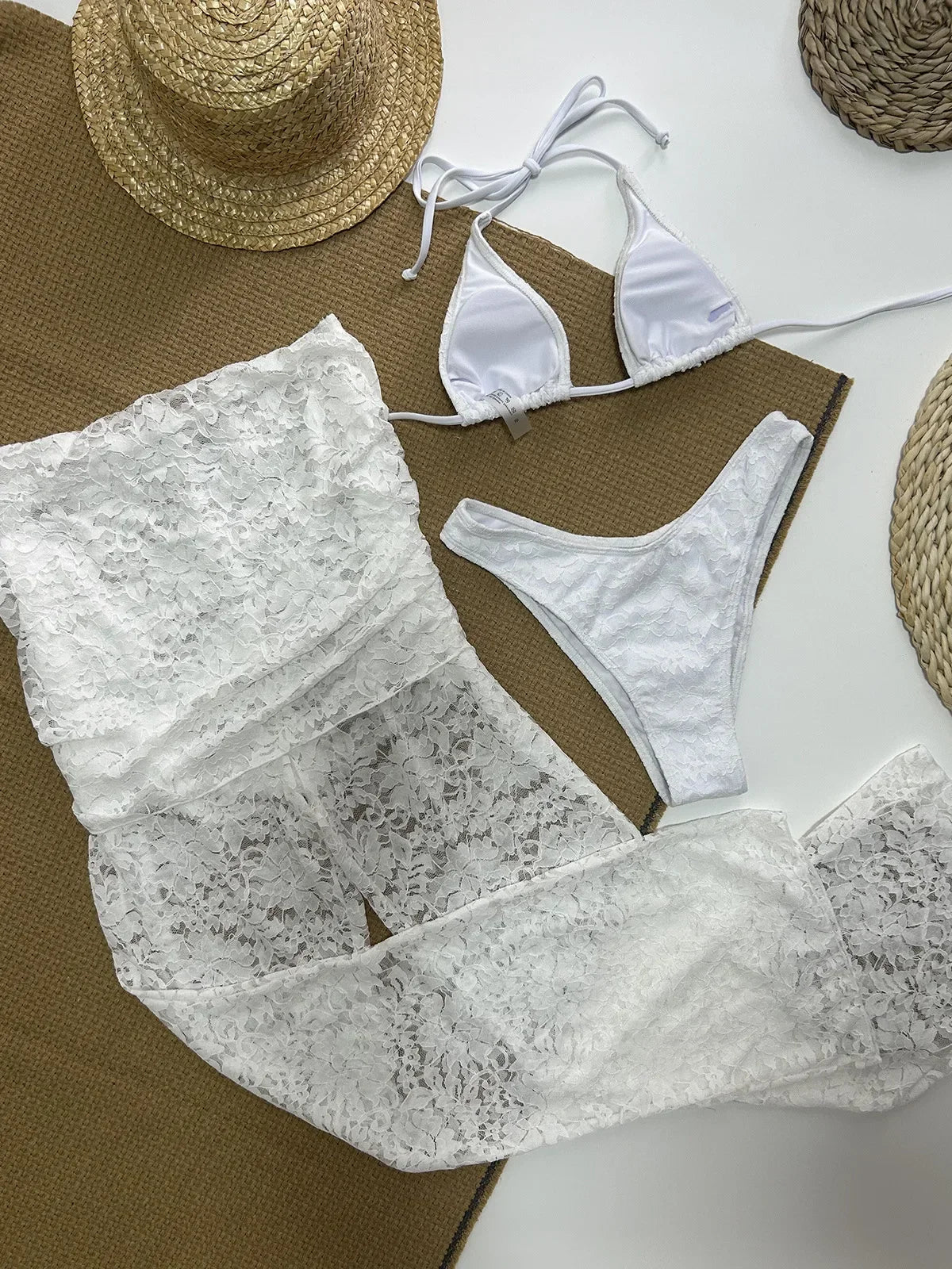 Vintage Solid White 3 Piece Bikini Set