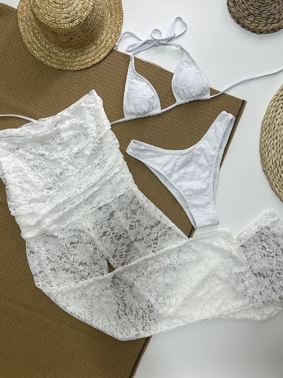 Vintage Solid White 3 Piece Bikini Set