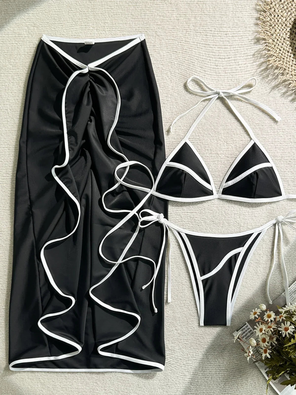 Vintage White Coffee Patchwork Bikini Set