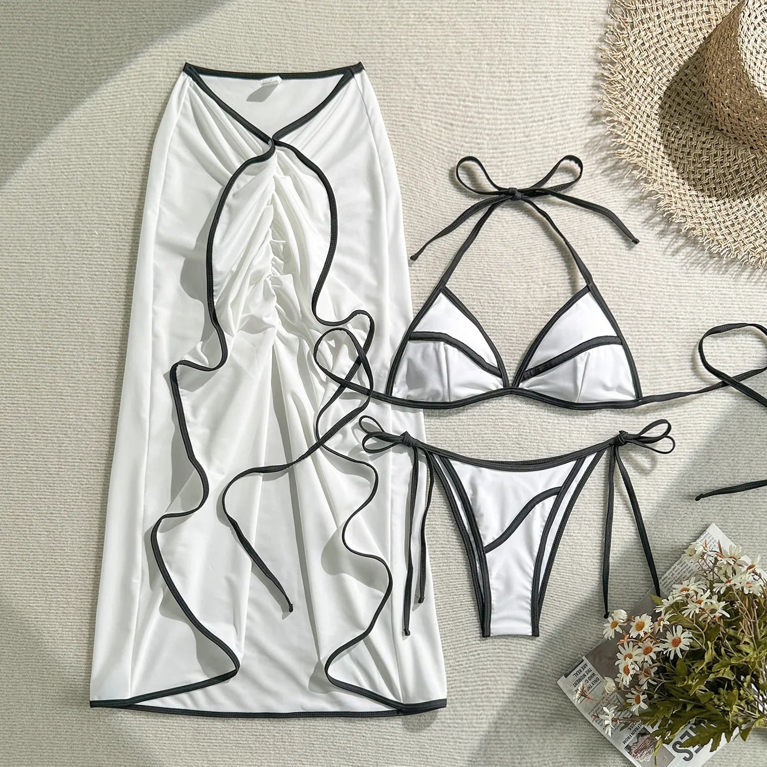 Vintage White Coffee Patchwork Bikini Set