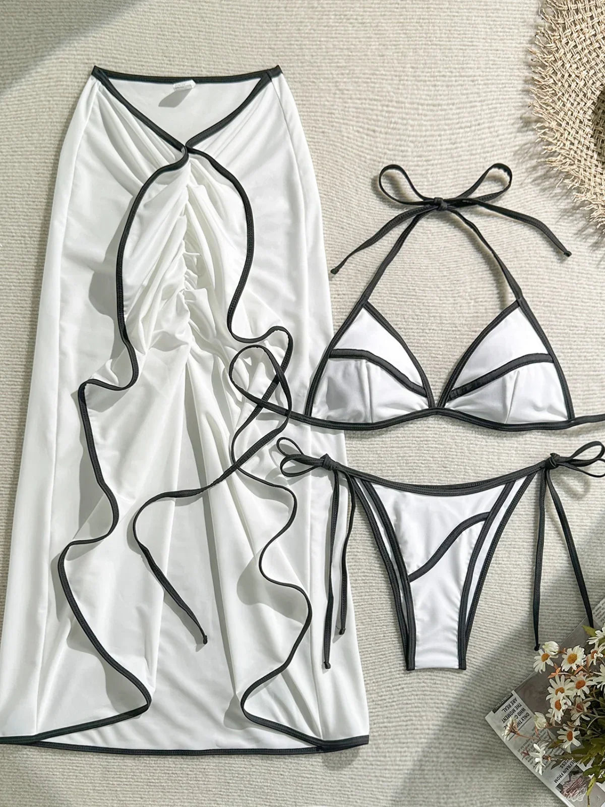 Vintage White Coffee Patchwork Bikini Set