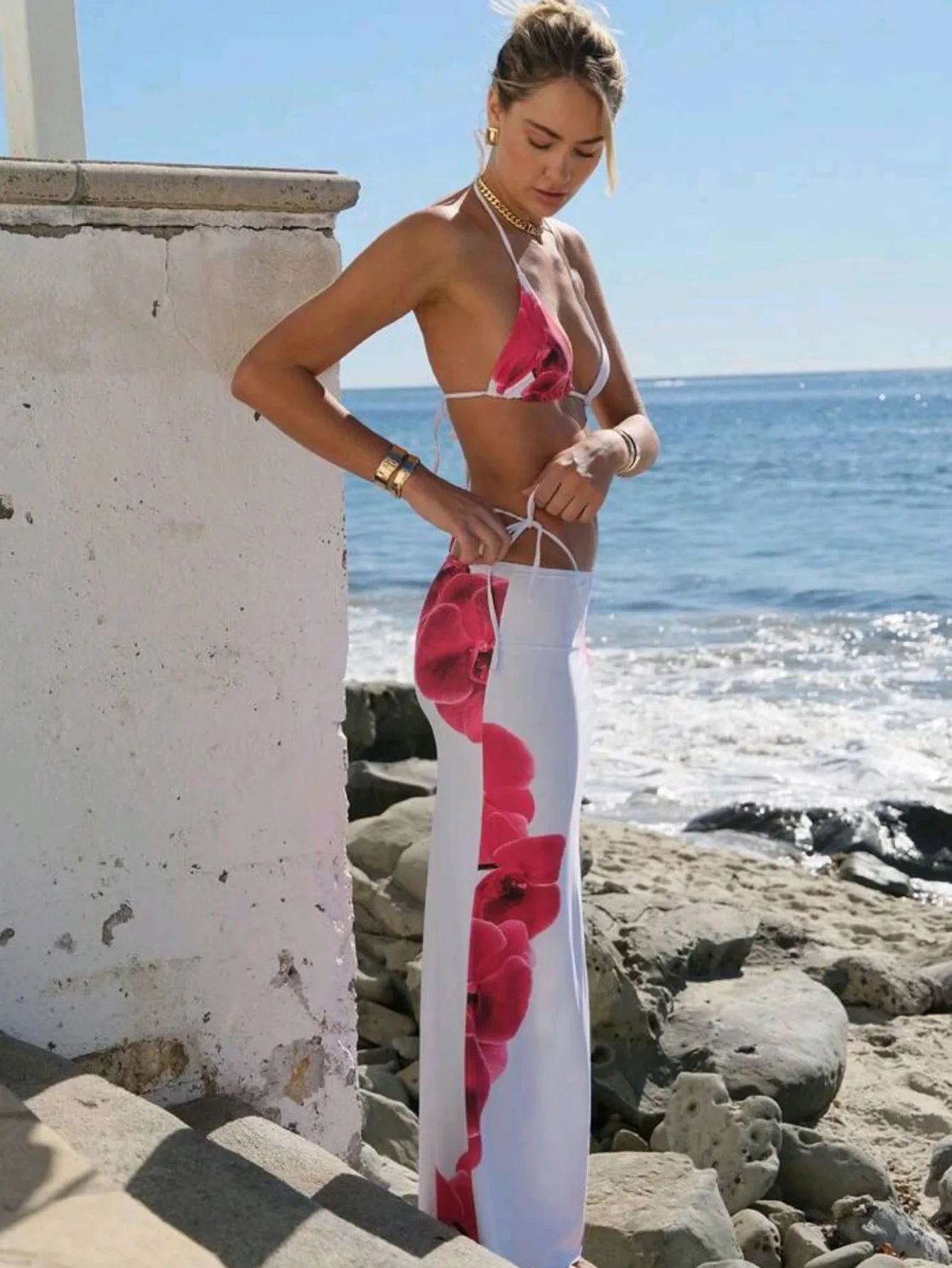 Vintage White Floral Print Bikini Swimwear Push Up Mesh Skirt 3 Piece Swimsuit Holiday Bathing Swimming Suits