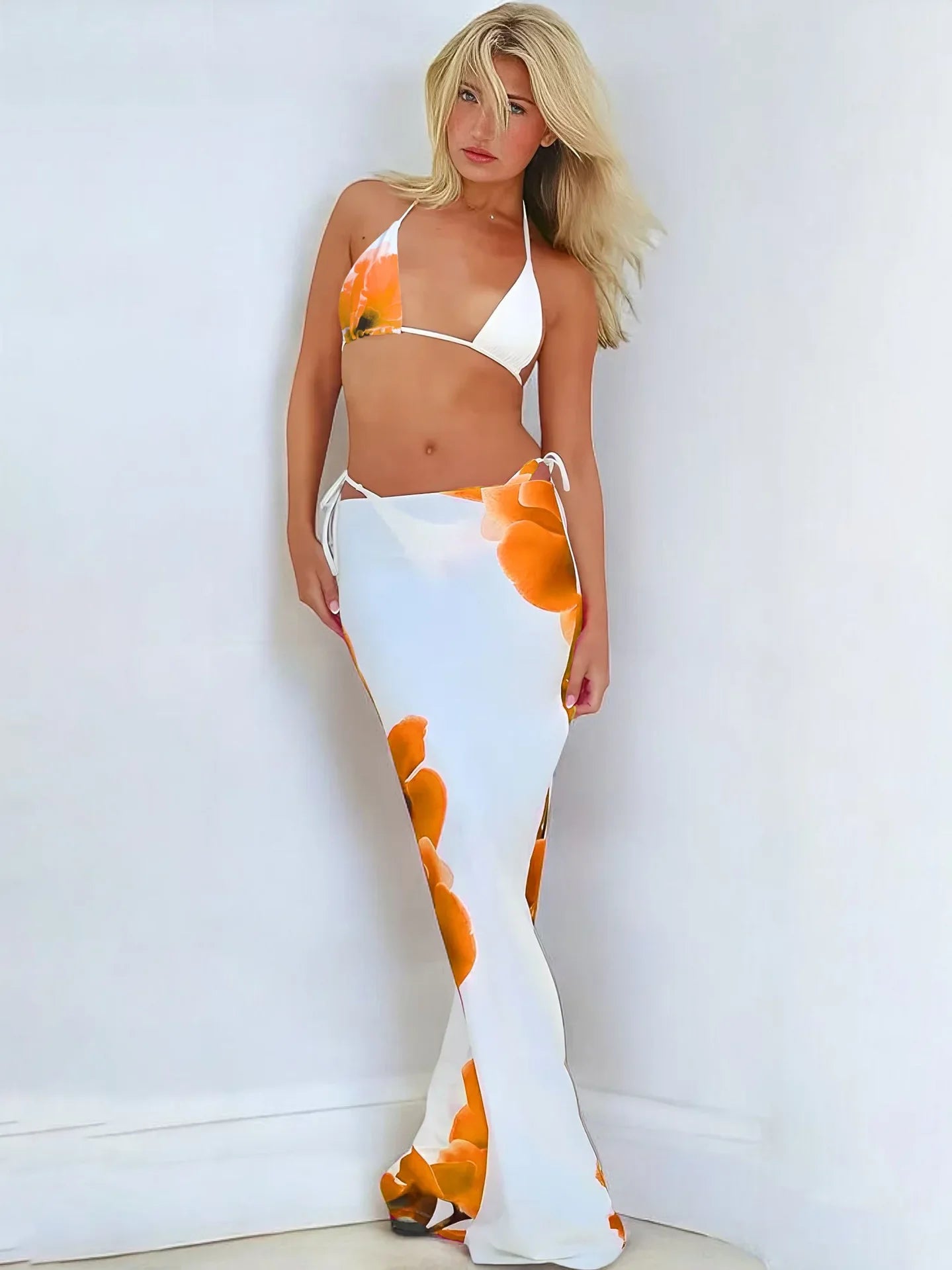 Vintage White Floral Print Bikini Swimwear Push Up Mesh Skirt 3 Piece Swimsuit Holiday Bathing Swimming Suits